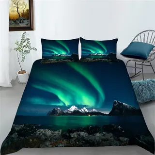Timiany Nordlicht Bettwäsche Set 220x240 cm Grün Galaxie Bettbezug Teenager Sternenhimmel Aurora Schlafzimmer Dekor Bettbezug mit Reißverschluss+Kissenbezug 50x75 cm