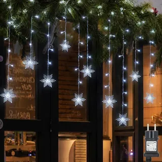 Schneeflocke Lichterkette 94LEDs Lichtervorhang Kaltweiß Innen 8 Modi IP44 Deko Für Weihnachten Fenster Balkon Garten Party - Weiß