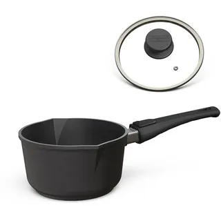 Hoffmann Germany Milchtopf Stieltopf Aluguss mit Ausgießer Ø 18 cm Deckel – Made in Germany, Aluguss (Set, 2-tlg., 1x Milchtopf Ø 18 cm + 1x Glasdeckel), Ausgießer, abnehmbarer Griff, Antihaft, backofenfest, Induktion schwarz