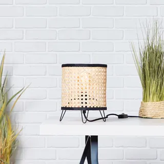 Lightbox dekorative Tischlampe - 21 cm Höhe - Ø 18cm - Boho Tischleuchte mit Rattan Schirm & Schalter - E27, max. 60 W - aus Metall/Rattan - in Holz Hell/Schwarz