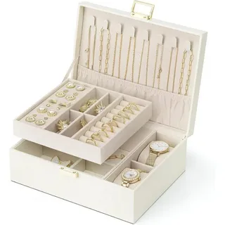 LuxusKollektion Schmuckkasten Schmuckkästchen Damen 2 Ebenen Leder Uhrenkissen Ringe Beige beige