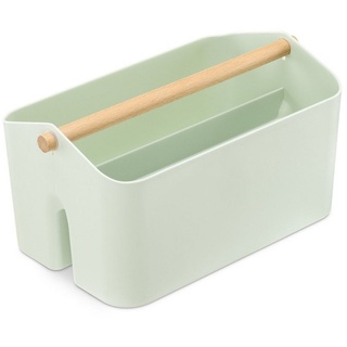 Navaris Aufbewahrungskorb, Aufbewahrungsbox mit Holzgriff - 2 Fächer Box Organizer für Bad Küche - Korb Aufbewahrung für Besteck Putzmittel tragbar klein - mintgrün grün
