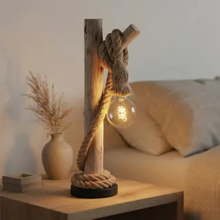 Home Sweet Home Maritime Tischlampe Holz & Seil 60cm - Landhaus & Vintage Industrial - Tischleuchte im Treibholz Look - Eukalyptusholz & Natur-Tau - E27