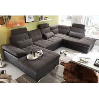 Couch "Jakarta" Wohnlandschaft Sofa Lederlook Schlaffunktion Schlafsofa schwarz grau dunkel gemustert Ottomane rechts 324 cm - Schwarz/Grau