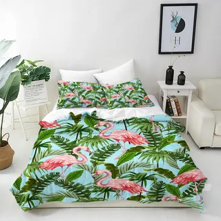 ANHOPE Flamingo Bettwäsche Set 2 Teilig Tropische Blatt Bettbezug 135x200 cm + Kissenbezug 80x80 cm Weich Microfaser Bettbezüge mit Reißverschluss Bettdeckenbezug für Kinder Mädchen