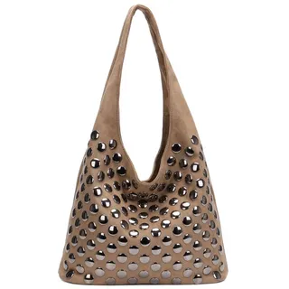 MIRROSI Shopper Damen Hobo Bag Schultertasche Wildleder-Optik mit Nieten (Shopper Handtasche aus Stoff, ca.33x14x29 cm), Neue Kollektion Herbst/Winter 2026 beige