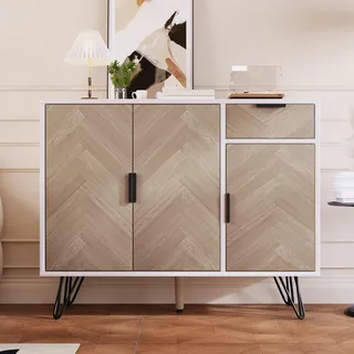ModernLuxe Sideboard Kommode Anrichte Schrank Sideboard mit Schublade und Einlegeböden Moderner Aufbewahrungsschrank mit Schublade, Metallgriffen & stabilen Füßen 90x30x71.5 cm Weiß+Holzfarbe