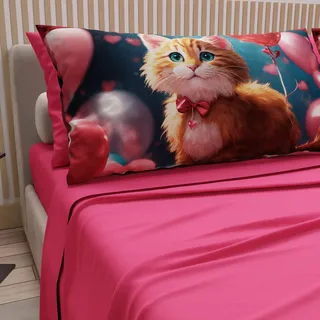 PETTI Artigiani Italiani - Bettwäsche Tiere mit Katzen aus Baumwolle mit Kissenbezügen im Digitaldruck, Bettwäsche für Doppelbett, Fuchsia, 100% Made in Italy