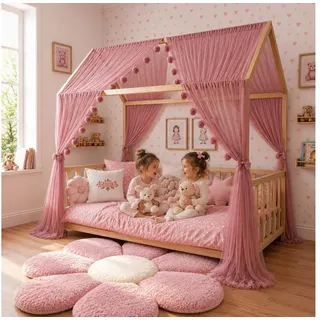 Baby Fancyroom Betthimmel Betthimmel Tüll Hausbett Kinderbett 2 Stück 340cm 380cm Montessori (3-tlg. Set mit 2x Betthimmel und einer 20er Pomponkette, Baldachin, Kinder Betthimmel Baldachin Himmel Deko Set), Betthimmel für Hausbett Montessori rosa 300 cm