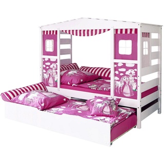 Ticaa Hausbett Hausbett mit Bettkasten "Horse Rosa" Kiefer Weiß (Set, Inklusive Prinzessinnen-Vorhang), stellbar zu einem Einzelbett weiß