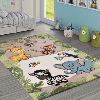 Paco Home Kinderteppich Kinderzimmer Dschungel Tiere Giraffe Löwe AFFE Zebra Beige Creme, Grösse:120x170 cm