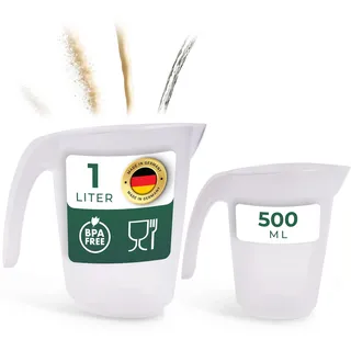 Novaliv Messbecher Set 500ml 1000ml, Meßbecher Küche transparent mit klarer g/ml Skala für Flüssigkeiten Mehl & Zucker, Made in Germany, Spülmaschinenfest, Rührschüssel Messbehälter Werkstatt