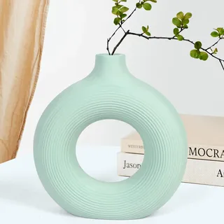 Grün Keramik Vasen, Donut vase grün für pampasgras, Matt Ring Vase für Nordic Modern Deko, Grün Boho Rund Vase Passend für Esstisch Couchtisch Schmücken Büro Haus