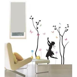 Ambiance Sticker Wandtattoo WandaufkleberBaum kleines Mädchen und SchmetterlingeSelbstklebender Wandaufkleber für Mädchen, Kinderzimmer und Wohnzimmer – H70 x B50 cm