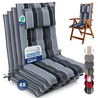 Beautissu 4er Set Premium Hochlehner Auflage Kopfpolster 120x50cm Sun-HL – 8cm Dick Polster Gartenstuhlauflage rutschfest Befestigungsbänder UV-Lichtechtheit 5 – Robust Stoff Anthrazit Gestreift