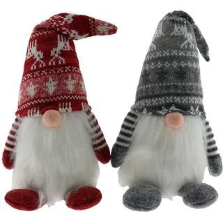 hausleben Wichtel Set 2-teilig 25 cm – Skandinavische Weihnachtsdeko | Stoff-Figuren mit Elch-Mütze, Bart & gestreiften Armen in Rot & Grau – Deko für Fensterbank, Regal, Tisch & Kamin