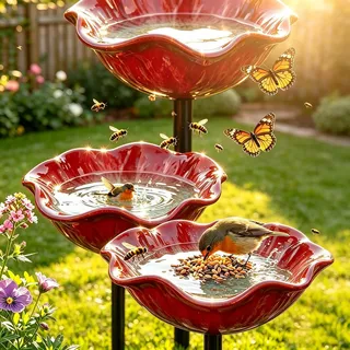 8/15cm Vogeltränke Blume Keramik, Vogel und Bienentränke für Garten, Handgefertigte Blütenform Trinkschale, Wetterfeste Futterstation für Wildvögel & Insekten (Rot,8cmKeramik,3)