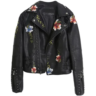 VALINK Damen-Lederjacke, Nieten, bestickt, Blumenmuster, Lederjacke, Damen-Kunstlederjacken, lässiger kurzer Mantel für Frühling, Herbst und Winter, Schwarz