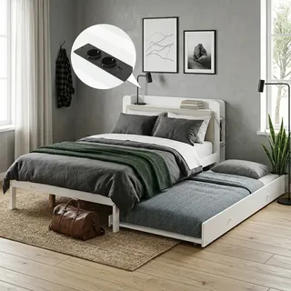 Funktionsbett 120x200 Cm Weiß Mit Ausziehbett 90x190 Cm, Holzbett Mit Gepolstertem Kopfteil, Kopfteilregal, Ladestation Und Offenem Stauraum, Platzsparendes Gästebett