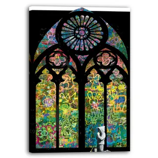 Printistico Leinwandbild Banksy Kirche - Graffiti - Bunt und Modern Street-Art Marketing - Moderner Kunstdruck Klein bis Groß XXL