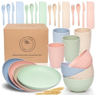 HOMGEN 54-teiliges Camping Geschirr Set für 4 Personen Küchen Geschirr Tafelservice Buntes Party Picknick Geschirr mit Esstellern, Desserttellern, Tassen