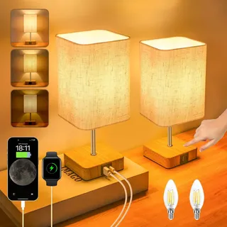 Jayencer Nachttischlampe Touch Dimmbar 2er Set, Tischlampe mit USB A+C Ladeanschlüssen, 3 Helligkeitsstufen, Lampenschirm aus Leinenstoff, Tischleuchte für Schlafzimmer Wohnzimmer Büros
