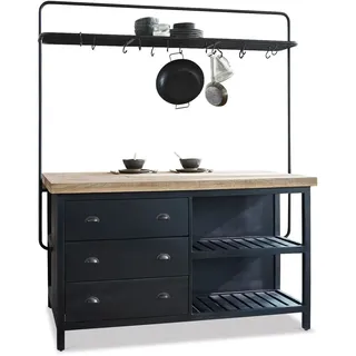 LOBERON Küchenblock Anett, Industrial-Style, Großzügige Arbeitsfläche, viel Stauraum, Praktische Gitterablage, Kücheninsel, Küchenmöbel, Mangoholz, Eisen, schwarz/braun