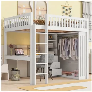 Odikalo Hochbett Kinderbett 90x200 140x200 mit Schreibtisch Stauraum (Hochbett, 90x200 cm 140x200 cm, Schreibtisch, Kleiderschrank, 3 Schubladen, offener Stauraum, Geländer, Treppe, Ohne Matratze) 140 cm