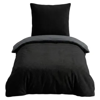 Microfaser Fleece Bettwäsche mit verdecktem Reißverschluss - einfarbig & wendbar Schwarz-Anthrazit 135 x 200 cm + 80 x 80 cm