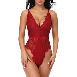 EVELIFE Body Damen Sexy Dessous EIN Stück Teddy Babydoll Spitze Bodysuit Lingerie V-Ausschnitt Unterwäsche Nachtwäsche, Weinrot, S - S