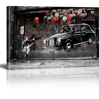 Banksy Bilder Car Balloon Banksy Wandbilder XXL Leinwand-Bild Graffiti Street Art Modern Bild für Wohnzimmer Büro fertig Home Wanddekoration zum Aufhängen Mit Rahmen(30×50cm)11.8×19.7 Zoll