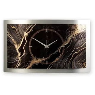 Kreative Feder Wanduhr 3D Designer-Wanduhr „Black & Gold Marble“ aus gebürstetem Aluminium (3D-Wölbung; einzigartiges Zwei-Platten-Design; flüsterleises Uhrwerk) schwarz|silberfarben 80 cm x 40 cm