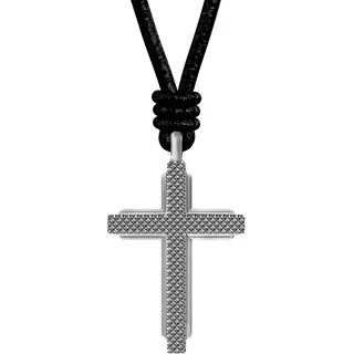 Kette mit Anhänger FOSSIL "Machine", edelstahlfarben, schwarz, Halsketten, Herren, Edelstahl Leder, L: 56, Edelstahl, Leder
