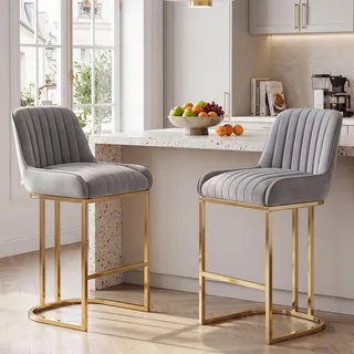 Ya-Home Barhocker 2er Set, Barstuhl Samt mit Lehne, Grau | Bar Stools mit goldenem Metallbein, gepolstert Bistrohocker Thekenhocker für Kücheninsel/Hausbar