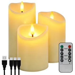 OZAVO LED-Kerze 3er set Aufladbar LED Kerzen mit Fernbedienung & Timer, Warmweiß, Bis zu 70 Stunden Betriebszeit, zwei Modi, Flammenlose Flackernde kerzen für Hochzeit Halloween Party Deko