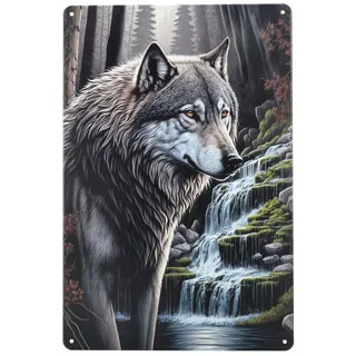 Figuren Shop GmbH Wanddekoobjekt Blechschild Wolf - Grauer Wächter des Waldes - Dekoschild Wanddeko