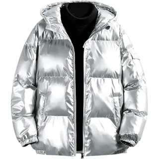 Vagbalena Herren Hoodie Metallic Daunenjacke Warme und leichte wasserdichte Daunenjacke mit Kapuze Voller Reißverschluss Glänzende Steppjacke Daunenjacke (Silber,XL) - XL