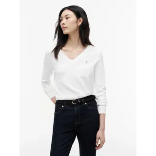 V-Ausschnitt-Pullover TOMMY HILFIGER "CO JERSEY STITCH V-NK SWEATER", Damen, Gr. XS (34), beige (ecru), Strick, Obermaterial: 67% Baumwolle, 33% Polyamid, unifarben, Basic normal, V-Ausschnitt, Bündchen, Pullover, Kontrastfarbene Streifen im Ausschnitt und Logo Stickerei am Ärmel