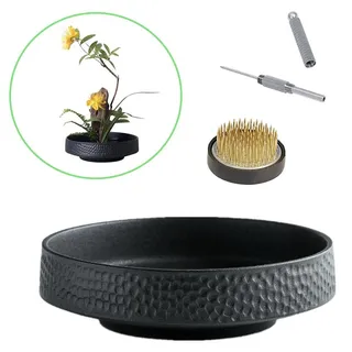 Japanisches Ikebana-Vasen-Set, Flache Blumenbehälter, Keramik, Ikebana-Vase mit 4 cm Blumenfrosch und Floristik, Blumenfrosch, Kenzan-Nadel-Glättwerkzeug (Hammermuster-Schale)