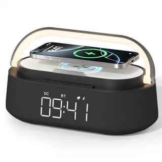 COLSUR Radiowecker Digital mit Wireless Charger, Bluetooth Lautsprecher mit USB-Kabelloser Ladegerät, Smart Wecker Schlummerfunktion Induktive Ladestation mit Licht, Nachtlampe,Dimmbares LED Display