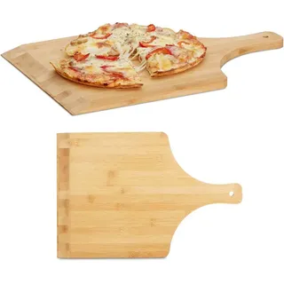 Relaxdays - 2 x Pizzaschaufel Bambus, 45 x 30 cm groß, als Pizzaschieber, abgerundete Kanten, mit Griff, Brotschieber, natur