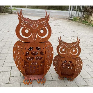 STEINFIGURENWELT GIEBEN Eule filigran 3D Optik Höhe 43cm Edelrost Gartendeko Wetterfest Rost Metall Gartenfigur Rostfigur Terrasse Uhu Kauz Metallfigur