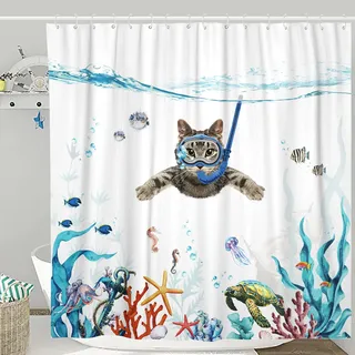 Fowocu Lustiges Katzen-Duschvorhang-Set, blaugrün/blau, wasserfester Stoff, Duschvorhänge mit Tier, Oktopus, Seestern, Schildkröte, Anker, Fische, Dekor (blau, 183 x 183 cm)