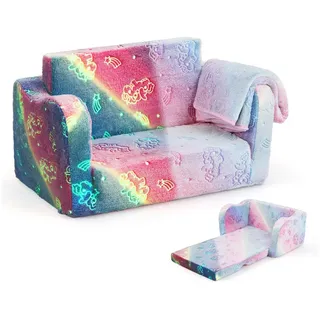 KOMFOTTEU Kindersofa, ausklappbar mit leuchtenden Mustern & abnehmbarem Flanellbezug rosa