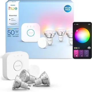 Philips Hue Essential Starter Kit Bridge + 3 GU10 smarte Lampen RGB
