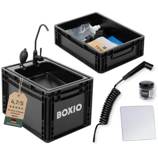 BOXIO - WASH Max+: Mobiles 40x30 Camping Waschbecken Komplettset | Filter System, Campingdusche, Reinigungsperlen & Spiegel: Spülbecken mit Pumpe ohne Strom, Camping Zubehör in Eurobox