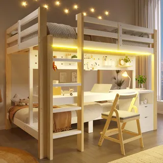 BTM Etagenbett 140x200 & 90x200 mit Schubladen und LED-Lichtleiste Kinderhochbett Holz mit Schreibtisch, Kiefernholz