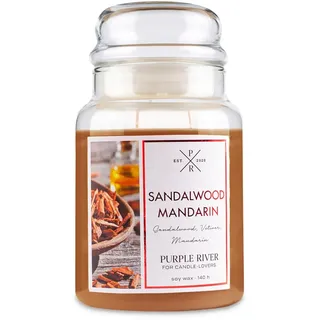 Purple River Große Duftkerze im Glas mit Deckel | Sandalwood Mandarin | Duftkerze Sandelholz | Kerzen lange Brenndauer | Sojawachskerze | Raumduft für Zuhause