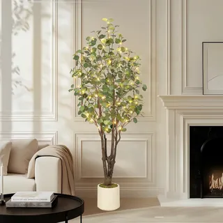 Künstliche Eukalyptus 180 cm, Kunstpflanze mit LED Lichtern & Naturholzstamm, Fake Plastikpflanzen im Weiß Topf, Deko für Drinnen und Draußen, Kunstbaum wie echt für Wohnzimmer Büro