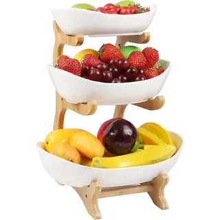 Refined Living Obstschale Obstschale, Fruchtkuchen Stehen, 3-stöckiger Keramik-Obstkübel, Bambusholz + Keramik C, (Keramik Obstschale, Obstablage mit Holzständer, Dekorative Obstablage, Mehrstöckige Obstschale, Küchenablagekorb, Küchenablagekorb und Dekoschalen für die Arbeitsplatte, Große Kapazität & Platzsparend, BPA-freie Keramik, 1-tlg), für Küchendekoration Gemüse Obst Snacks, Süßigkeiten, Kleine Kuchen